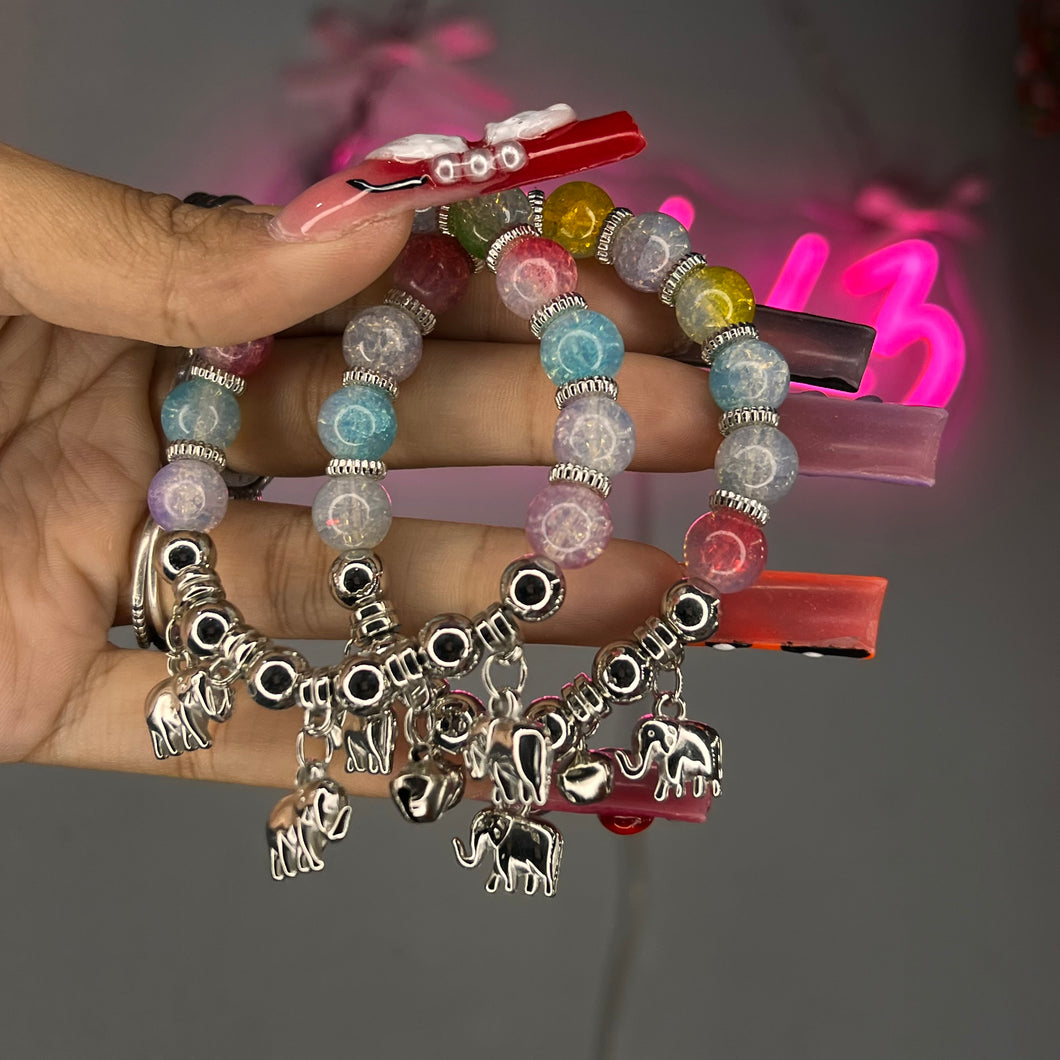 Rainbiw & Silver 3 Elephant Bell Charm Beaded Bracelet