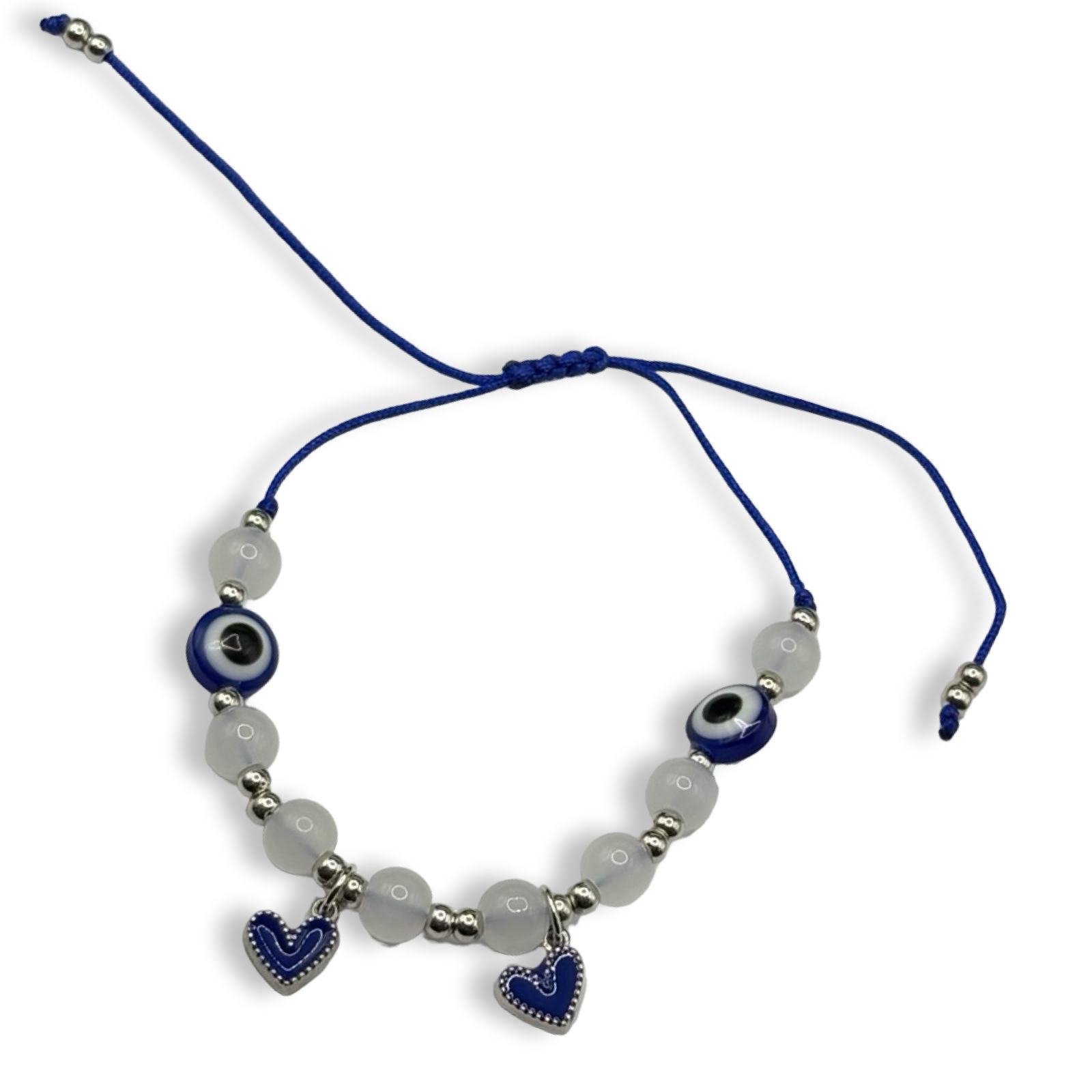 Black& Silver 2 Heart Mal de Ojo Adjustable String Bracelet