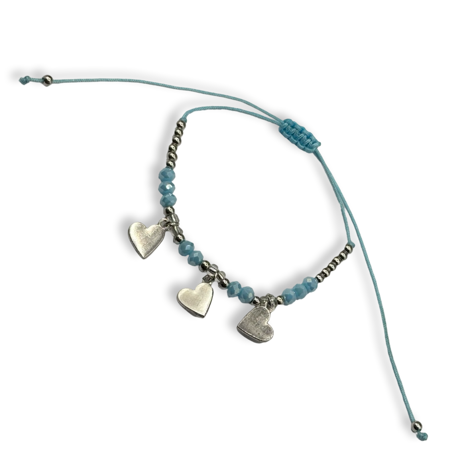 Blue & Silver  3 Hearts Adjustable String Bracelet