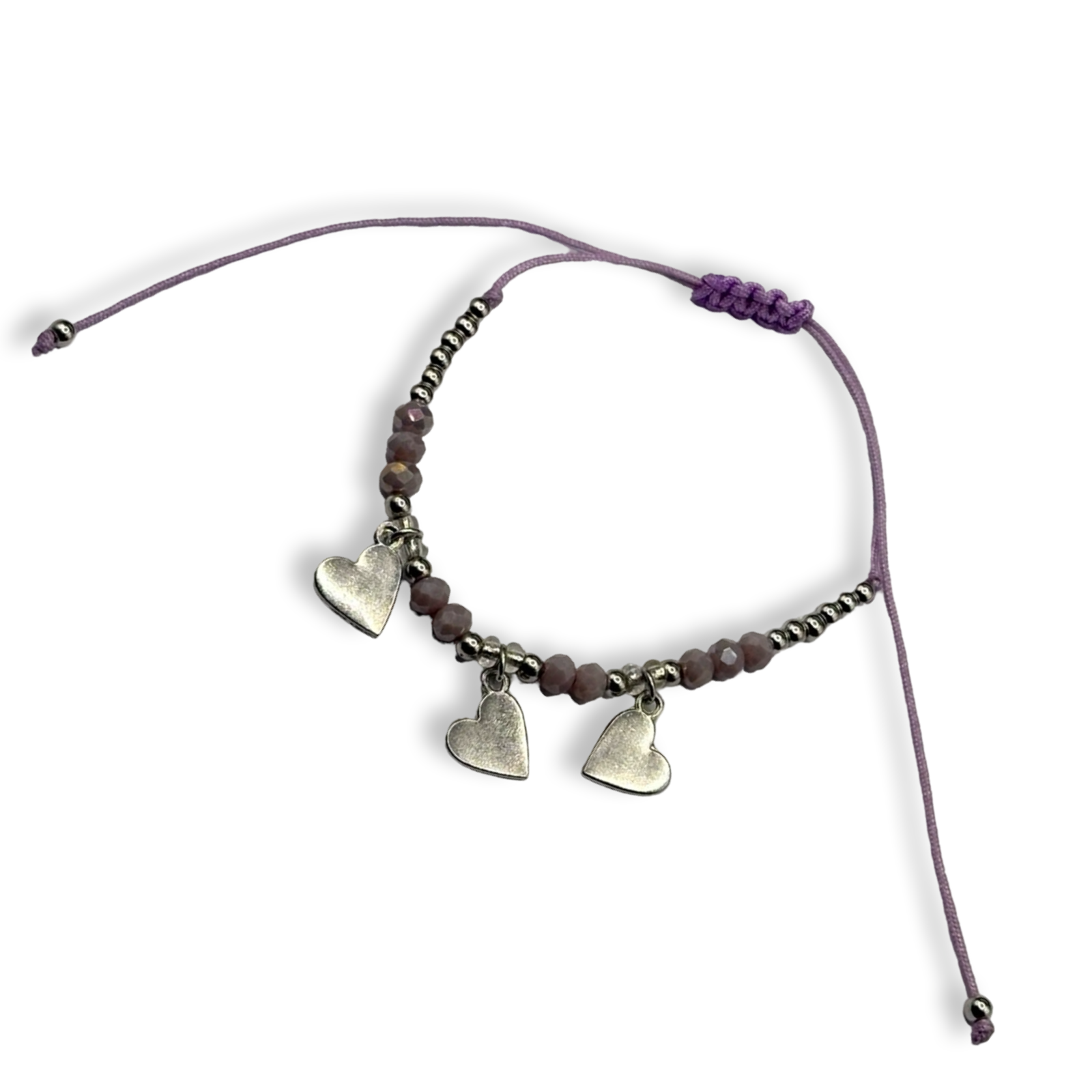 Purple& Silver  3 Hearts Adjustable String Bracelet