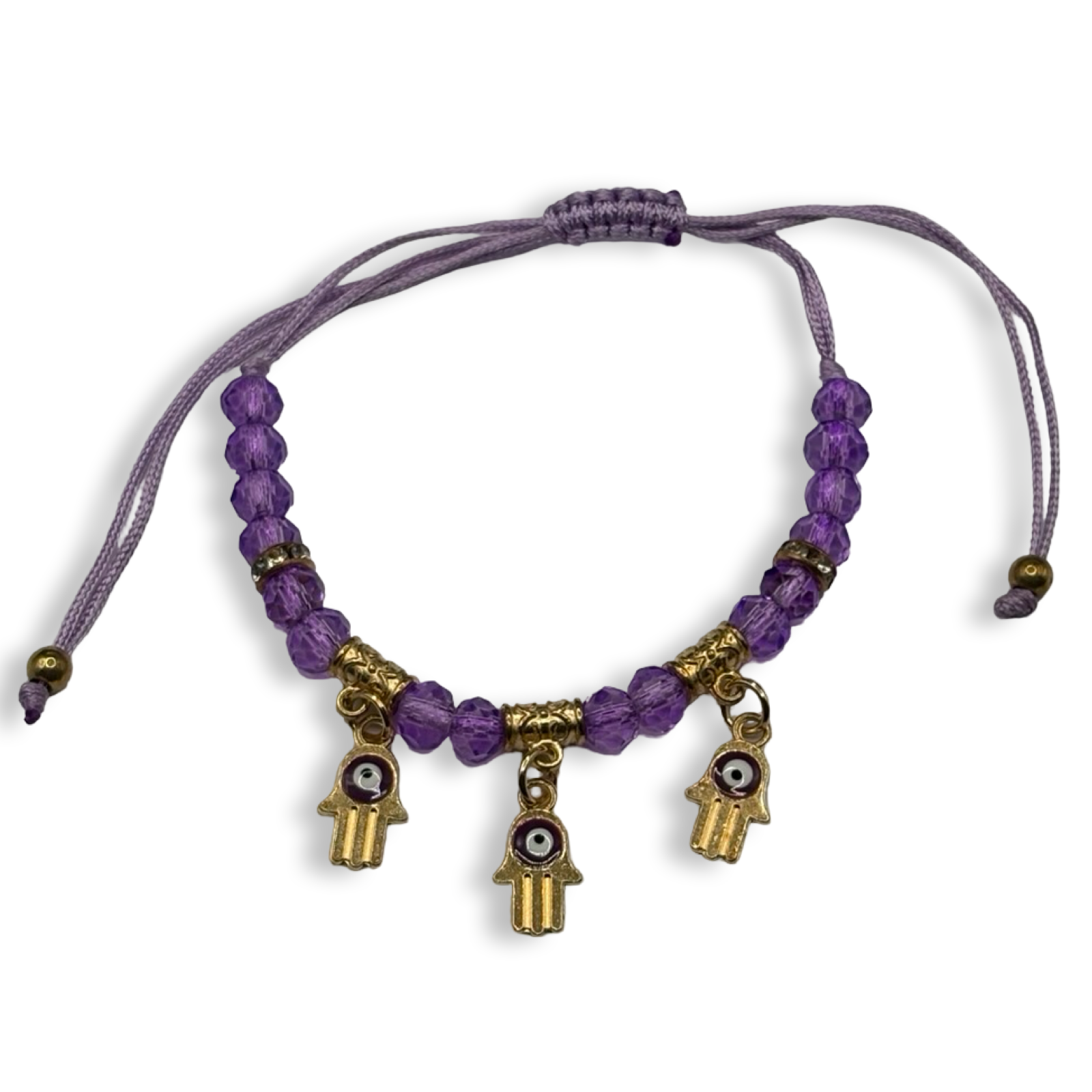 Purple & Gold 3 Hamsa Charm Adjustable String Bracelet