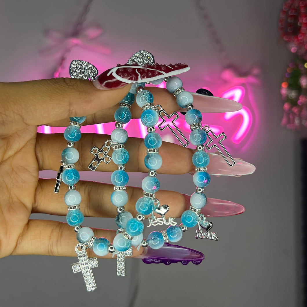 Blue  & Silver I 🩷 Jesus 5 Charm Beaded Bracelet