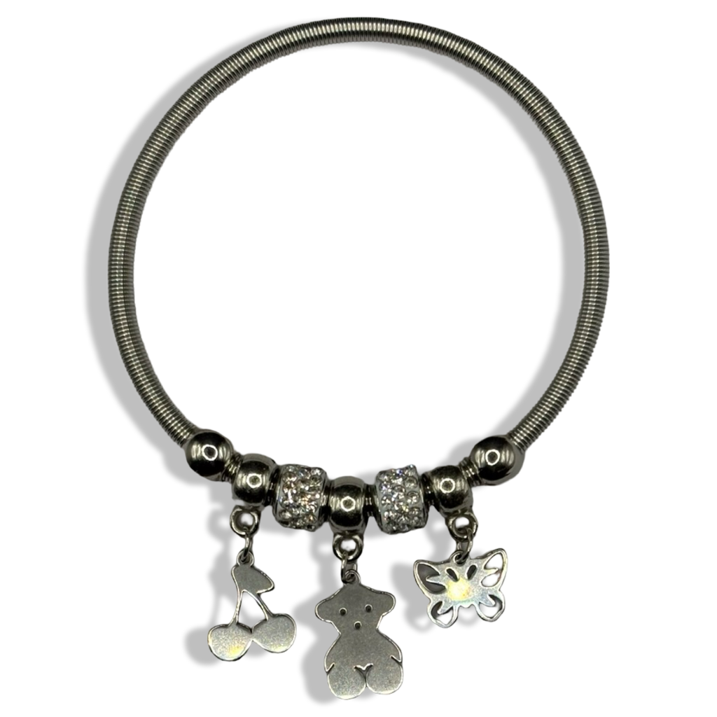 Silver Teddy Cherry n Butterfly Spring Charm Bracelet