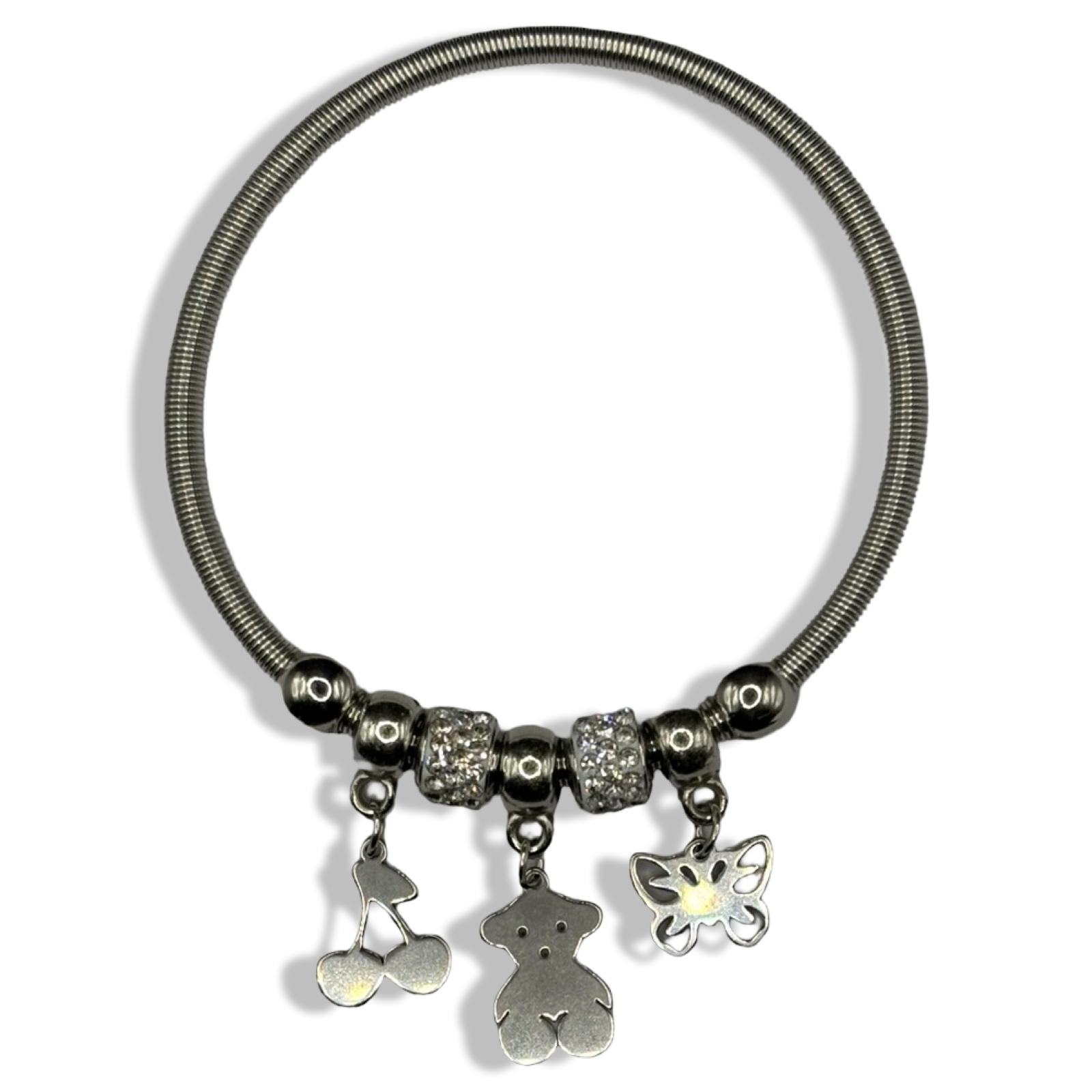 Silver Teddy Cherry n Butterfly Spring Charm Bracelet