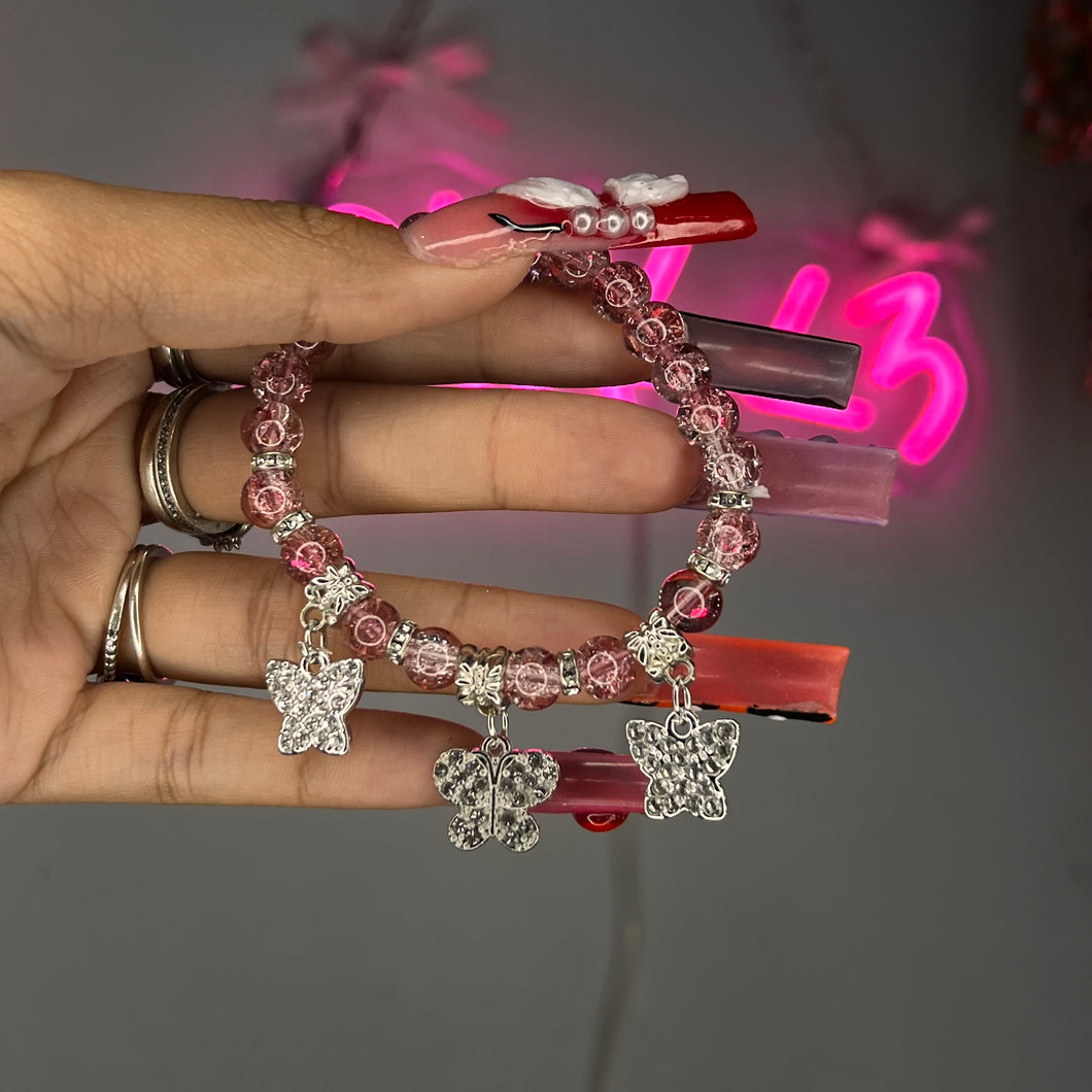 Hot Pink & Silver 3 Butterfly Crackle Beaded Bracelet