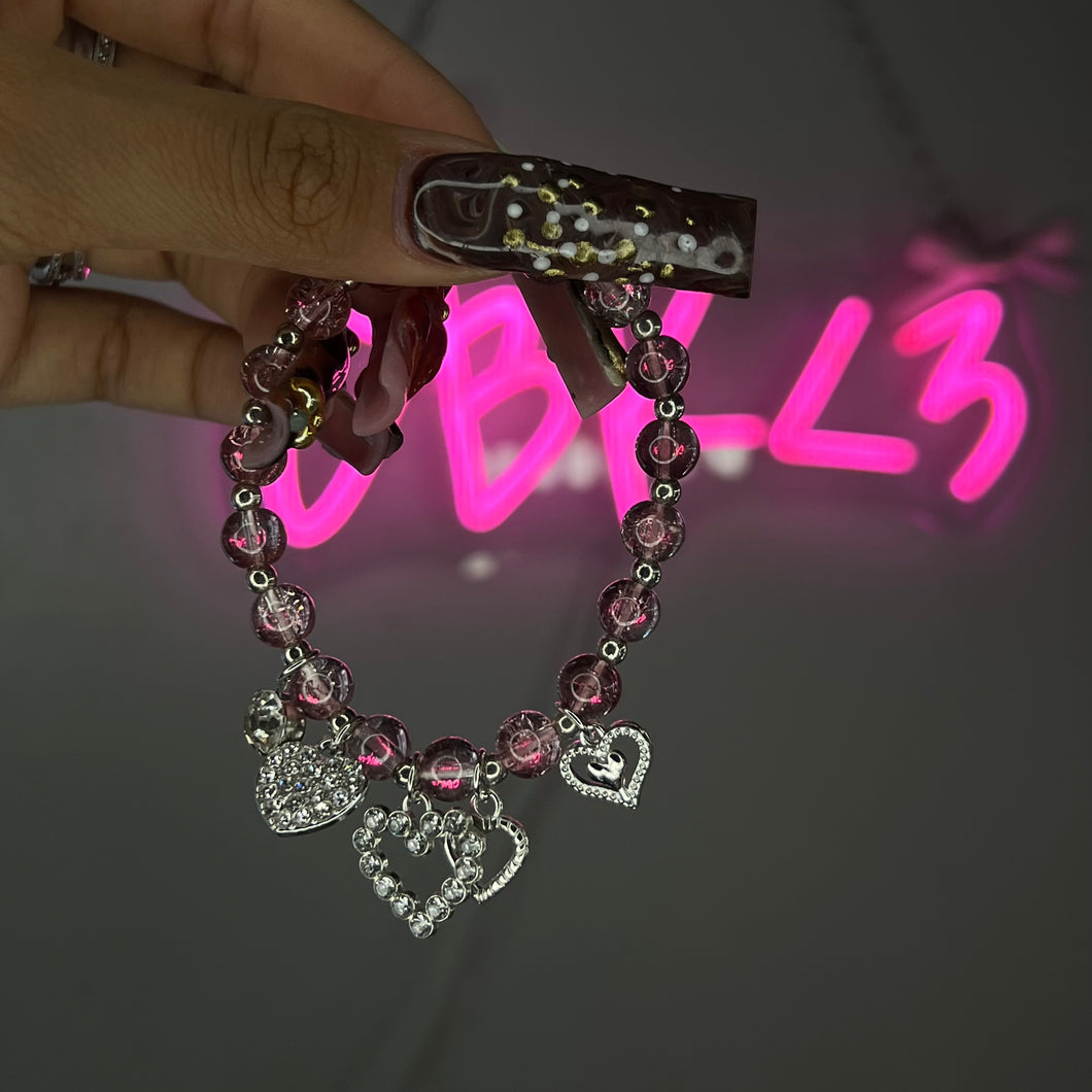 Hot Pink & Silver Crackle 4 Heart Charm Diamond Beaded Bracelet