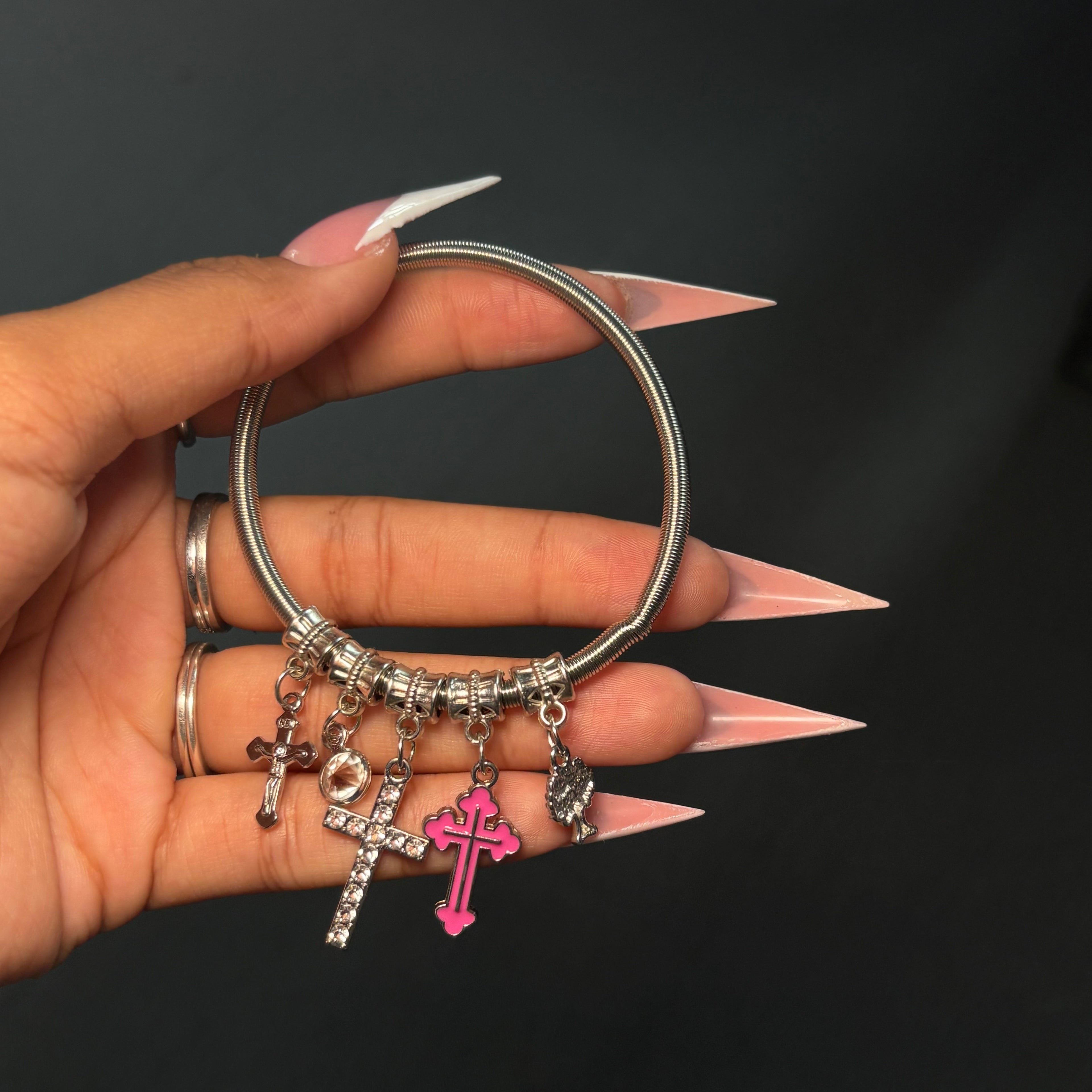 Hot Pink & Silver Cross Spring Charm Bracelet