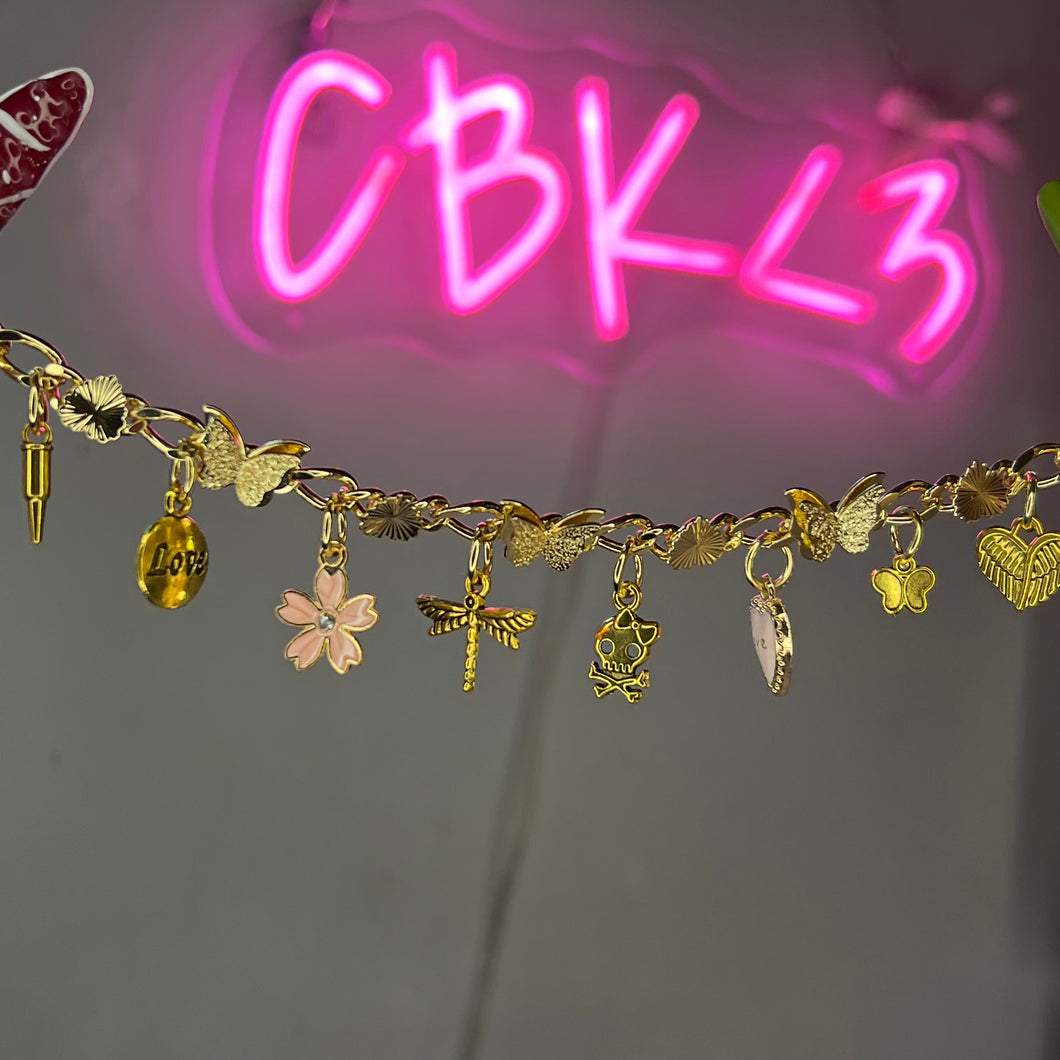Gold & Pink Butterfly Link Charm Bracelet